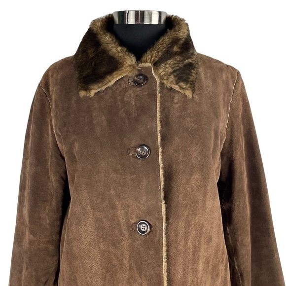 NEW YORK & CO PENNY LANE STYLE BROWN SUEDE LEATHER BUTTON DOWN FAUX FUR JACKET - Picture 9 of 14